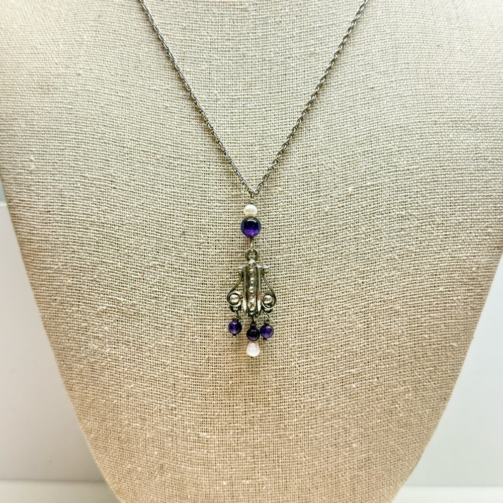 Vintage Sterling Silver, Amethyst and genuine Pearl necklace